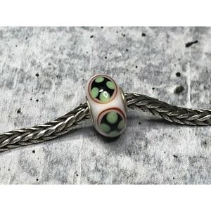 Trollbeads Glass ~ OOAK CIRCLE DOTS ~ Opaque White - Black & Red w/ Lime Dots